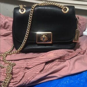 Coach Black Leather Shoulder Bag with Gold Chain
